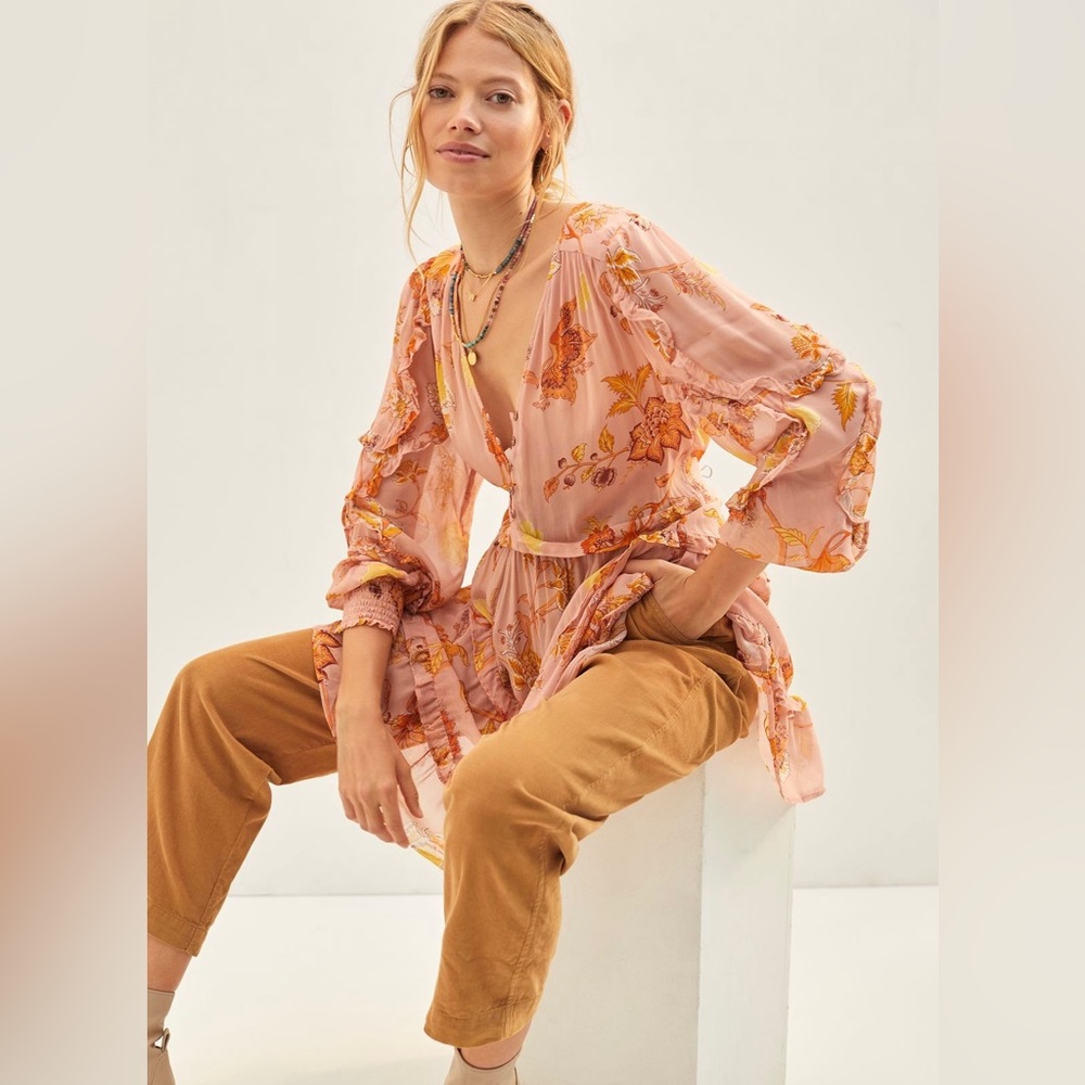 Anthropologie Sheer Ruffled Tunic Blouse